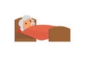 Sick old woman with thermometer in bed flat vector illustration. Granny with high temperature cartoon character.