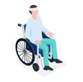 Sick patient character with bandaged head, male sitting invalid carriage outdoor healthy walking isometric 3d vector