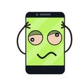 Sick phone. Virus and bug. problem with device. Repair and service. Illness sad face on green screen Royalty Free Stock Photo