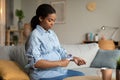 Sick Pregnant Black Woman Measuring Temperature Having Fever At Home Royalty Free Stock Photo