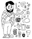 Sick sad bearded man wrapped in blanket with cup. collection of treatment items pills, scarf, hat, gloves, jam, kettle