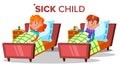 Sick Sad Child Girl, Boy Lies With Thermometer In Mouth Vector. Isolated Cartoon Illustration Royalty Free Stock Photo