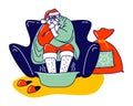 Sick Santa Claus Sore Feet Sitting on Couch Wrapped in Plaid. Christmas Character Wearing Red Costume and Hat