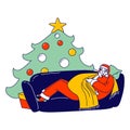 Sick Santa Claus with Thermometer in Mouth Have Fever Lying on Couch near Fir Tree. Xmas Character in Red Costume