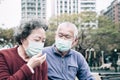 Sick senior couple wear with protective face mask