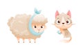 Sick Sheep and Cat Animal with Bandage on Paw and Head Vector Set