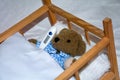 Sick teddy bear with clinical thermometer in bed Royalty Free Stock Photo