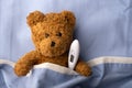 Sick teddy bear on hospital bed Royalty Free Stock Photo