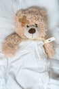 Sick Teddy bear with plaster and thermometer is lying in bed