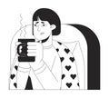 Sick tired asian woman drinking hot beverage black and white 2D line cartoon character