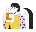 Sick tired asian woman drinking hot beverage 2D linear cartoon character