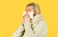 Sick and tired. Home treatment. brutal man beard has runny nose. flu and virus infection symptoms. coronavirus from Royalty Free Stock Photo