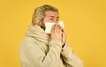 sick and tired. Home treatment. brutal man beard has runny nose. flu and virus infection symptoms. coronavirus from Royalty Free Stock Photo