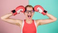 Sick and tired. sexy and confident secretary. choose healthy way of life. she loves sport. woman in glasses and boxing