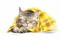 A sick tired tabby cat lies sleeping on a yellow plaid, close-up. AI generated. Royalty Free Stock Photo