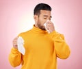 Sick, tissues and man blowing his nose in a studio with a cold, flu or sinus allergies. Illness, hayfever and Indian