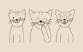 A sick tooth in a cat and cats with healthy teeth. Cat hygiene and dental care. Vector illustration in doodle style