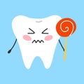 Sick tooth in kawaii style. Tooth character with caries. Vector illustration. Royalty Free Stock Photo