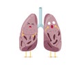 Sick unhealthy cartoon lungs character tuberculosis virus disease. Human respiratory system internal organ tubercle