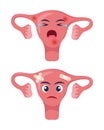 Sick uterus with pain ache or disease. Sad cartoon character uterus, body organ injured or unhealthy. Human cartoon anatomy, kids