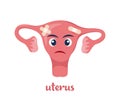 Sick uterus with pain ache or disease. Sad cartoon character uterus, body organ injured or unhealthy. Human cartoon anatomy, kids