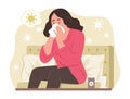 Sick Woman Blowing Her Nose Into Handkerchief for Fever Concept