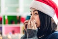 Sick woman blowing her nose with paper tissue and sneezing while having cold.health care and medicine Royalty Free Stock Photo