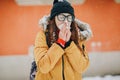 Sick Woman Blowing Her Nose Into Tissue Outdoors Royalty Free Stock Photo