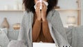 Sick woman cough, sneeze, blowing nose, suffer from fever