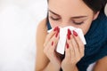 Sick Woman. Flu. Woman Caught Cold. Sneezing into Tissue Royalty Free Stock Photo