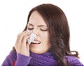 Sick woman with handkerchief having cold. Royalty Free Stock Photo