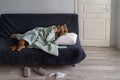 Sick woman at home lying in bed with her Vizsla dog, suffering from allergy, flu symptom, fever Royalty Free Stock Photo