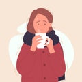 Sick woman with hot drink having cold shiver Royalty Free Stock Photo