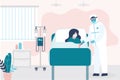 Sick woman lies in bed at the hospital. Room in hospital. Medical staff and infected patient. Health care and aid Royalty Free Stock Photo