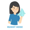 Sick woman with runny nose a symptom of flu