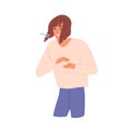 Sick woman sneezing or coughing vector flat illustration. Unhealthy girl with influenza or respiratory virus symptoms