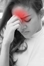 Sick woman suffers from headache, migraine, hangover, stress Royalty Free Stock Photo