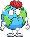 Sick cartoon planet earth with thermometer and water bag Royalty Free Stock Photo