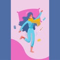 Sick young woman in bed with the symptoms of cold, flu. Flat Cartoon  girl on pillow with blanket and scarf, medicine, Royalty Free Stock Photo