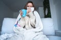Sick woman sitting on sofa covered with blanket at home.Blowing nose with napkin Royalty Free Stock Photo