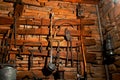 Sickles, scoops, pruners, planes and other old hand tools made of steel and wood.