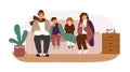 Sickness family with common cold symptoms sitting on couch together vector flat illustration. Adults and children