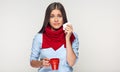 Sickness woman holding red cup blow up nose in paper tissue Royalty Free Stock Photo