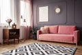 Side Angle Of A Living Room Interior With A Powder Pink Sofa, Pa