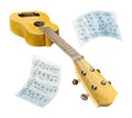 Side angle view of an isolated yellow ukulele with two music sheets