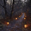 Side Angle of Winter Solstice Lanterns Along a Forest Path Royalty Free Stock Photo