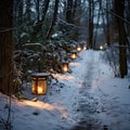 Side Angle of Winter Solstice Lanterns Along a Forest Path Royalty Free Stock Photo