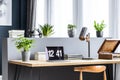 Side angle of a wooden desk with a laptop showing time, plant, l