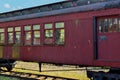 The side of an antique wooden passenger rail car Royalty Free Stock Photo