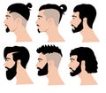 Side bearded face. Hairstyles and beards men profiles, caucasian portraits of manly handsome male persons, hairdresser